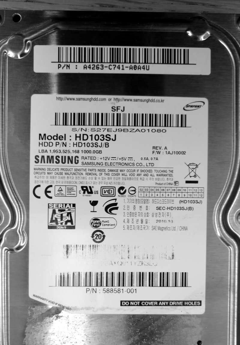 Disque dur Samsung HD103SJ reçu au laboratoire pour une récupération de données